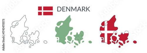 Denmark country geographical borders isolated on white background. Flag of Denmark. Vector flat cliparts.