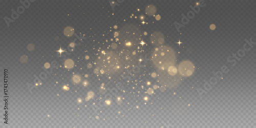 The dust sparks and golden stars shine with special light, spreading magical shimmer and festive glow. Christmas sparkle dust and bokeh particles on transparent PNG background.