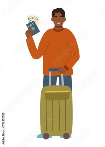 Clipart of young man with suitcase and passport with tickets isolated on white background. Concept of travel, vacation. Vector flat illustration.
