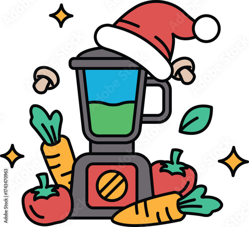 A blender with a hat on it and vegetables on top