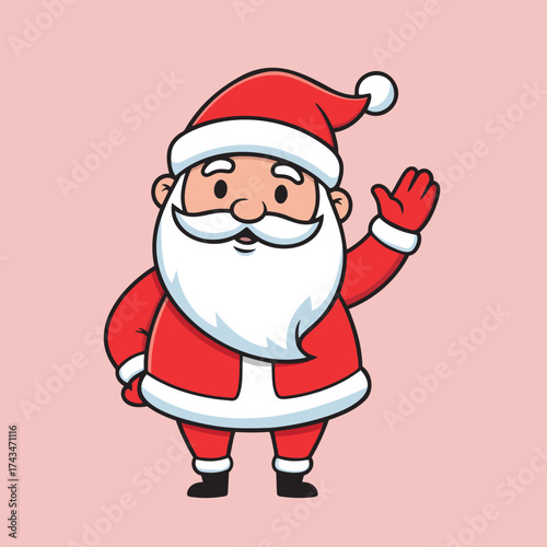 Cartoon santa claus waving hand on pink background cheerful santa claus character in red suit and hat
