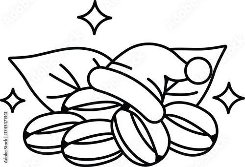 A black and white drawing of a hat on top of a pile of coffee beans