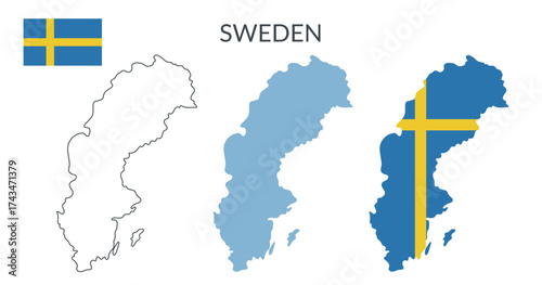 Sweden country geographical borders isolated on white background. Sweden flag. Vector flat cliparts.