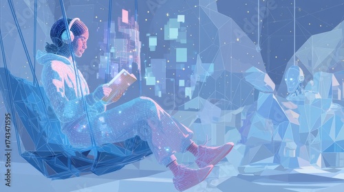 Digital Dreams: A person immerses themself in the future. Headphones, and a digital tablet, all set against an architectural structure.
