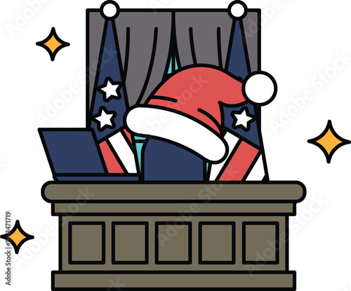 A man in a Santa hat sits at a desk with a laptop