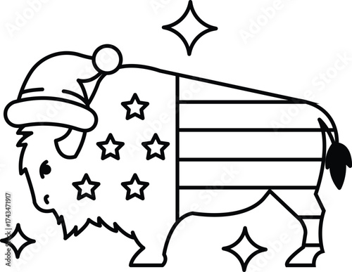 A buffalo with a hat on and stars on its back