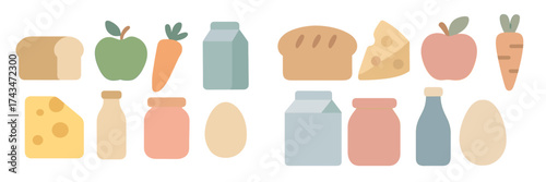 Colorful illustrations of food items on a white background showcasing bread, fruits, vegetables, and dairy products