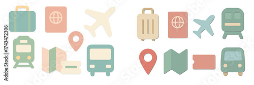 Travel symbols including suitcases, planes, trains, and maps show diverse transportation options for journeys and adventures