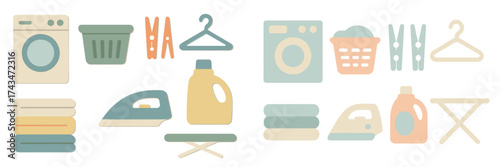Laundry day essentials with washing machines, baskets, and ironing tools displayed in a colorful design