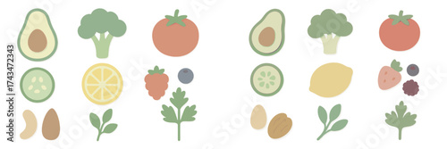Diverse assortment of fresh vegetables and fruits arranged creatively on a white background