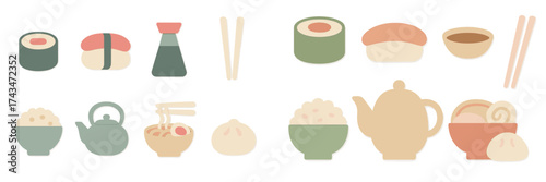 Assorted Japanese cuisine featuring sushi, noodles, and tea with chopsticks on a simple background