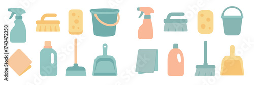 Cleaning supplies collection with various tools and materials for home maintenance and sanitation