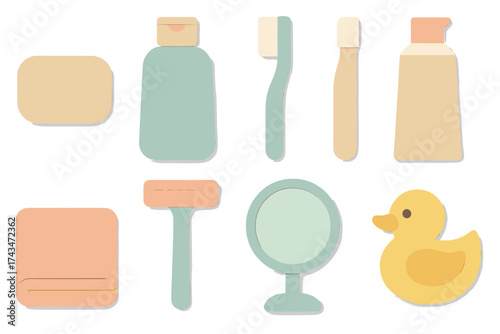 Cute bathroom essentials arranged on a light background showcasing a fun and playful design for daily routines