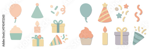Party decorations and treats including balloons, cupcakes, and gifts in soft pastel colors on a clean background