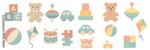 Colorful toys and playful items arranged in a fun layout for children's activities and learning experiences
