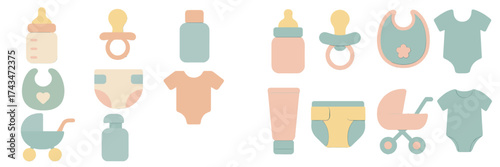 Colorful and playful baby items arranged for a nursery decor and baby shower designs