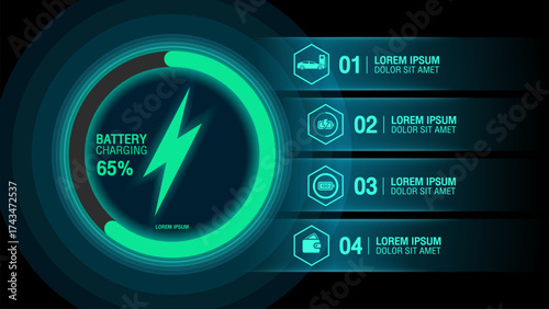 Infographic design template with 4 options. Battery charge status in  circle format. Futuristic technology abstract background.