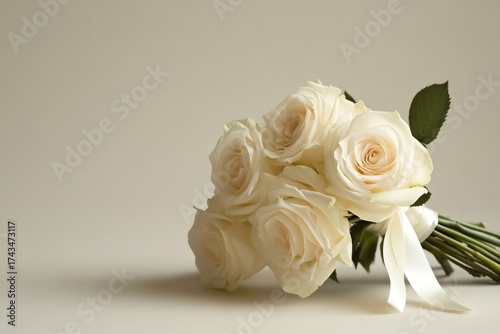Elegant white rose bouquet tied with a delicate ribbon, resting on a clean cream background, symbolizing wedding, love, and purity