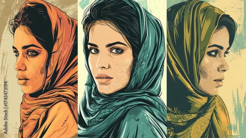 Selective focus. Portraits of Arab women wearing traditional headscarves