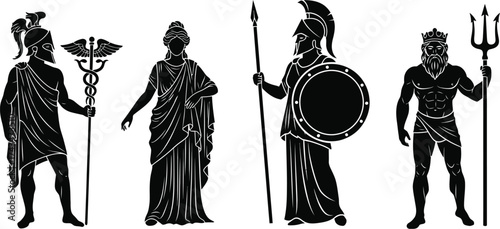 Hermes, demeter, Hera Athena and Poseidon Greek mythology god and goddess greek mythology figures. Greek sky god, aphrodite, goddess sculpture vector illustration. 