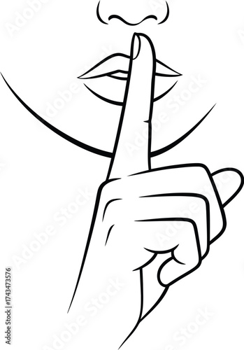 Decorum, silent, be quiet, dont talk finger and mouth hand gesture vector sketch illustration icon 