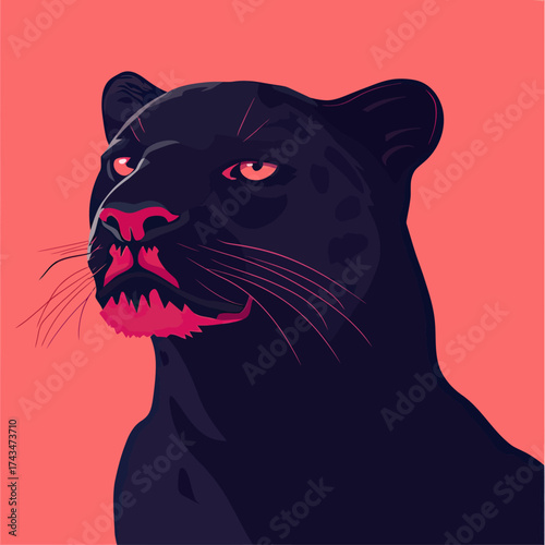 Close-up portrait of black panther with orange eyes in flat minimalist vector style on coral pink background for wild animal concept design