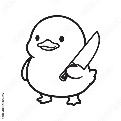 Cute cartoon duck holding a knife, funny but dangerous meme character, black and white line art illustration.
