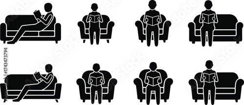 People relaxing on a couch. People sitting on a sofa, couch with various sitting and reclining postures. 