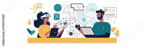 Two people working collaboratively on artificial intelligence programming with laptops digital network data flow and technological user interface elements flat vector illustration