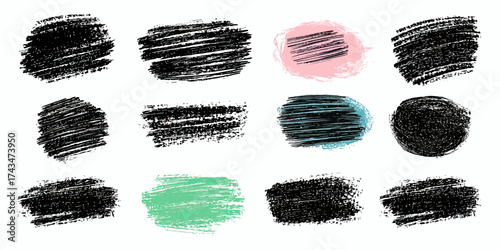Set of hand drawn rough scribble and brush stroke textures with black and pastel pink and green color accents on white background for design elements and creative art projects vector illustration