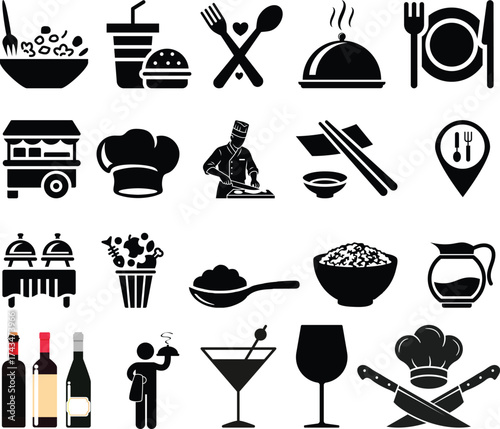 Food icons set, plate, fork, knife and spoon, set logotype menu, cutlery icon, tableware sign, catering icons, restaurant signs. smoothie, salad, skewer, jar, wrap, snack bar.Healthy food  icons
