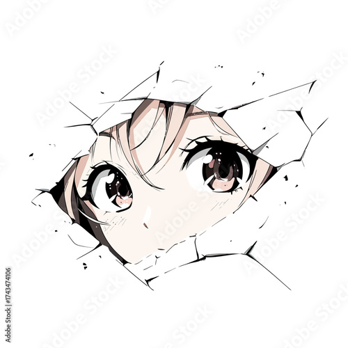 Anime girl with large expressive eyes peeking through torn paper hole isolated on white background vector illustration in minimalist flat style