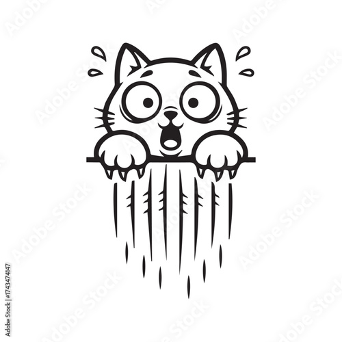 Funny cartoon cat hanging and scratching wall with claws, cute naughty kitten character, simple black and white line art vector illustration.
