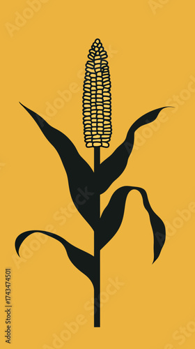 Minimalist corn plant silhouette vector illustration with detailed ear of corn and leaves on solid yellow background for agricultural and food design concepts