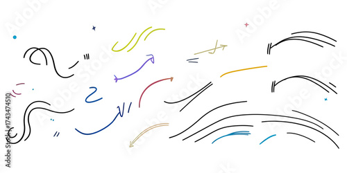 Hand drawn curved and straight arrow lines with motion sparkles and doodle accents in minimalist flat vector style for emphasis and dynamic movement design elements