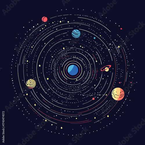 Colorful abstract vector illustration of solar system planets orbiting around a central star on dark background with starry space elements in minimalist flat style