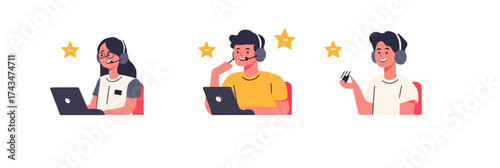 Three customer support representatives with headsets working on laptops and mobile devices surrounded by five star feedback icons flat minimalist vector illustration