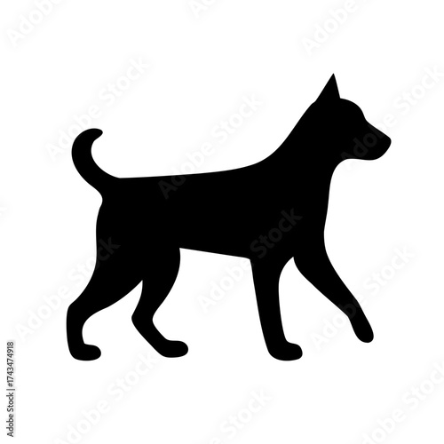 Silhouette of a walking dog with pointy ears against a white background
