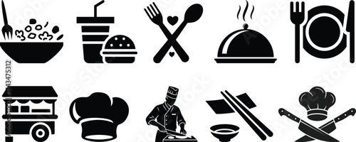 Food icons set, plate, fork, knife and spoon, set logotype menu, cutlery icon, tableware sign, catering icons, restaurant signs. smoothie, salad, skewer, jar, wrap, snack bar.Healthy food  icons