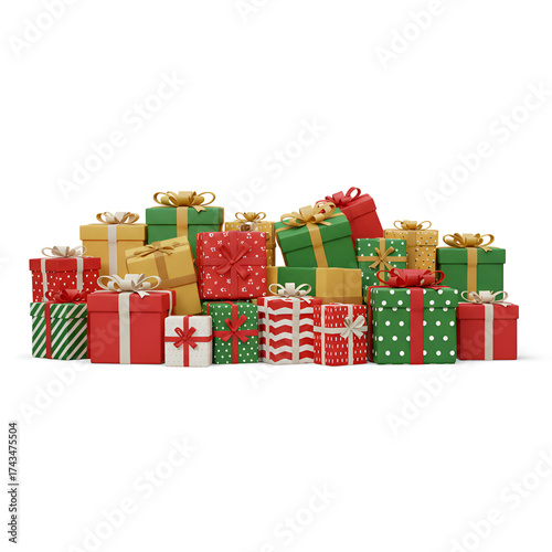 Festive stack of Christmas gifts in red, green, and gold offers holiday cheer for festive greetings and promotions