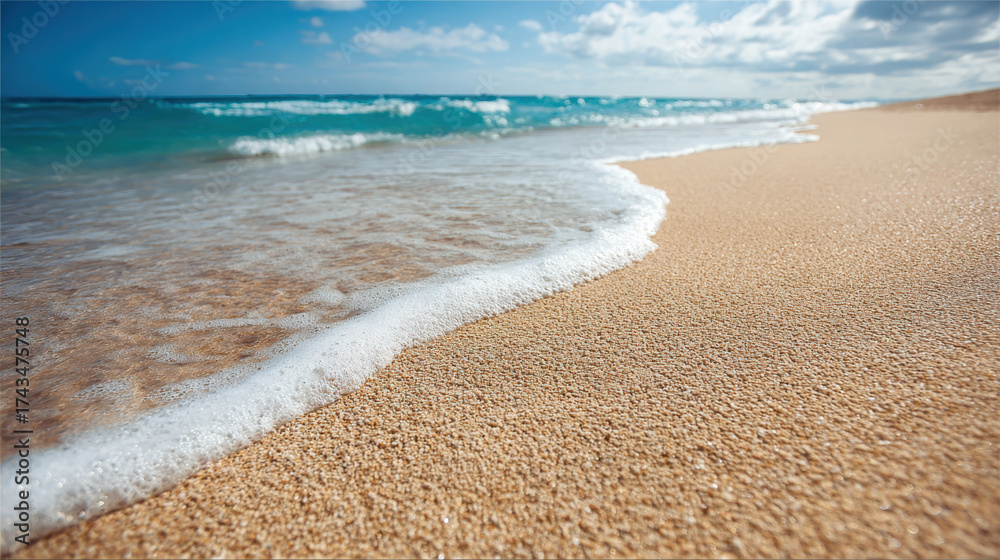 Fototapeta premium Sea beach background, smooth and even sand. Fresh air. Beautiful beach and waves.