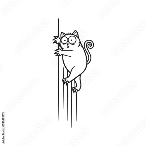 Funny cartoon cat hanging and scratching wall with claws, cute naughty kitten character, simple black and white line art vector illustration.
