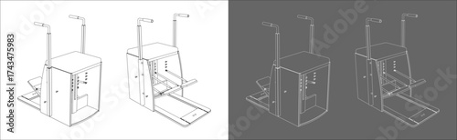 Vector line drawing illustration of a Pilates split pedal stability chair with adjustable handles