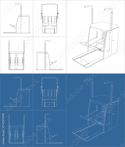 Technical line drawing blueprint of a Pilates split pedal stability chair with adjustable handles