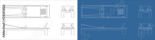 Vector blueprint illustration of a Pilates reformer machine viewed from top, front, and side elevations