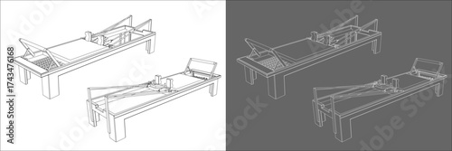 Detailed vector line drawing illustration of a Pilates reformer machine in isometric perspective