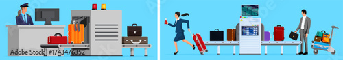 Woman airport security officer checking luggage on X-ray machine. Woman passenger running to check-in. Man passenger pulling baggage cart.
