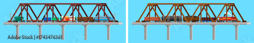 Freight train rides a bridge and carries cargo. Railway transportation logistic and delivery concept for an infographic.