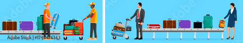 Man and woman travel with luggage on conveyor belt. Airport baggage claim hall. Flat style set collection illustration.