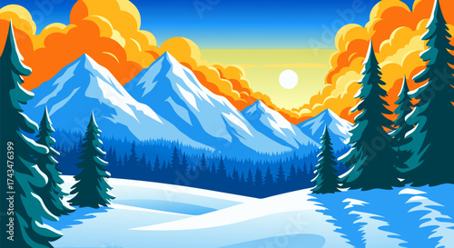 Stylized winter landscape illustration with majestic snow-capped mountains, towering evergreen trees, and a beautiful sun glowing amidst dramatic orange clouds